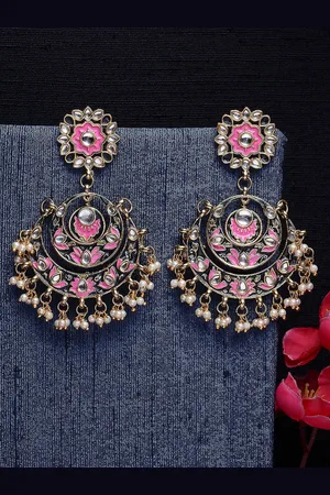 karatcart Pink Gold-Plated Floral Meena Kundan Chandbalis Earrings