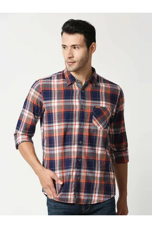 Pepe Jeans Men Orange & Navy Blue Tartan Checked Casual Shirt