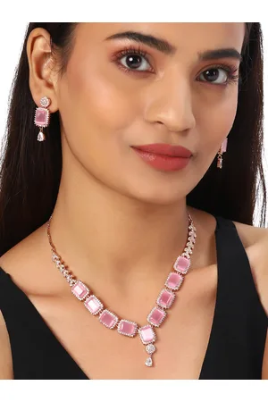 Voylla Rose Gold Plated American Diamond CZ Necklace Set with Pink Stone (Onesize) by Myntra