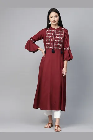 Pluss Women Maroon & White Embroidered Yoke Design A-Line Kurta