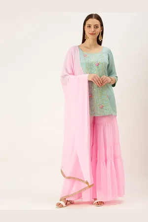 Ethnovog Women Blue Floral Sequin Embroidered Kurta with Sharara Dupatta