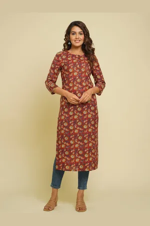 CRAFTED FOR YOU Women Red & Mustard Yellow Floral Printed Pure Cotton Kurta