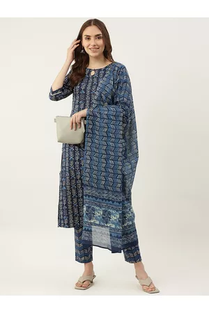 FIORRA Women Blue Printed Pure Cotton Kurta with Trousers & With Dupatta