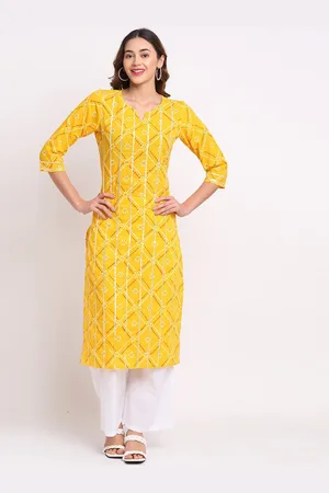 Rajnandini Women Yellow Bandhani Printed Pure Cotton Kurta with Palazzos