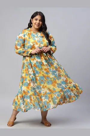 AURELIA Yellow Floral Printed A-Line Midi Dress