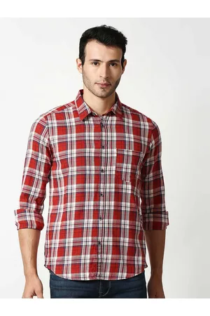 Pepe Jeans Men Red Tartan Checks Checked Casual Cotton Shirt