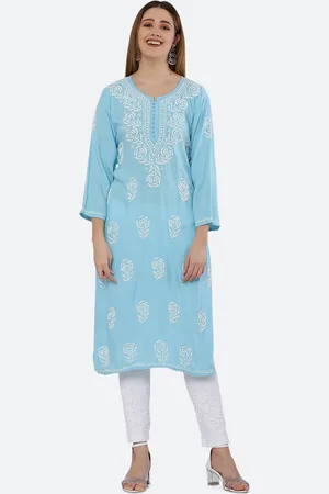 FAWOMENT Women Blue Hand Embroidered Lucknowi Chikankari Kurta
