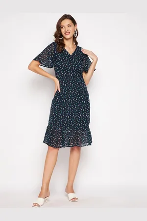 Color Cocktail Blue Wrap Floral Printed Dress