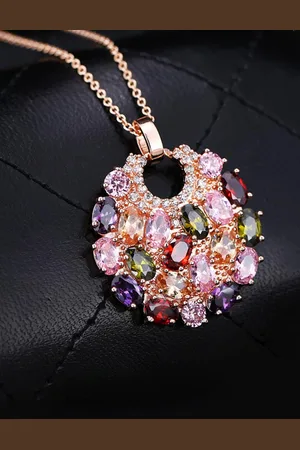 Yellow Chimes Women Rose-Gold Plated Pink & Green CZ Studded Pendant With Chain