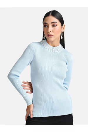 Kazo Women Blue & White Ribbed Pullover with Embellished Detail