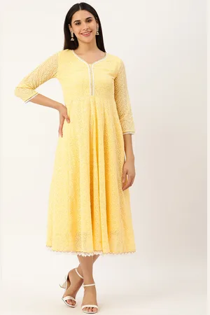 SWAGG INDIA Yellow & White Chikankari Georgette Ethnic A-Line Midi Dress