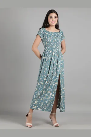 DEBONATELLA Women Teal Floral Printed Fit & Flare Slit Dress
