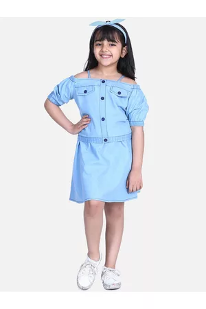 StyleStone Girls Blue Solid Top with Skirt