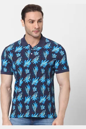 Celio Men Navy Blue Floral Printed Polo Collar Cotton Pure Cotton T-shirt