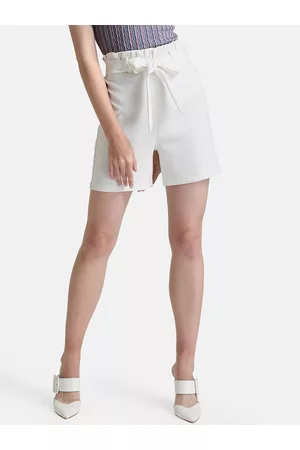 Kazo Women White Solid High-Rise Paper Bag Shorts