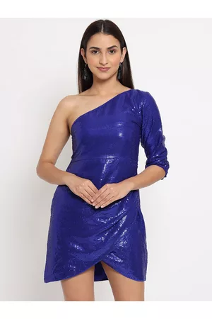 MARC LOUIS Blue Embellished One Shoulder Chiffon Sheath Dress