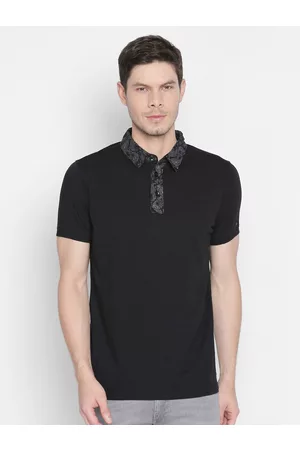 Basics Men Black Floral Polo Collar Slim Fit T-shirt