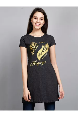 Fleximaa Women Charcoal Grey Printed Cotton Longline Top