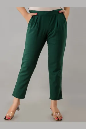 Jaipur Women Green Solid Cotton Flex Trousers