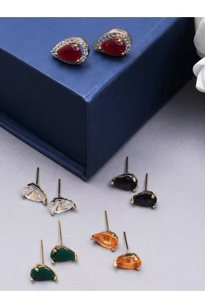 karatcart Woman Set of 5 Multicoloured Teardrop Shaped Changeble Stone Studs Earrings