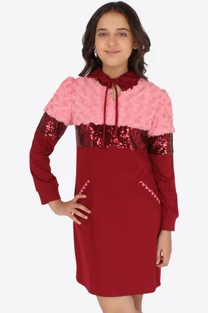 CUTECUMBER Girls Maroon & Pink Embellished Hood Sheath Dress