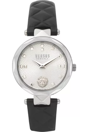 Versus Women Silver-Toned Brass Embellished Dial & Black Leather Straps Analogue Watch VSPHK0120