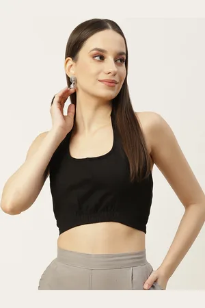 Molcha Women Black Solid Non Padded Back Open Halter Neck Cotton Saree Blouse