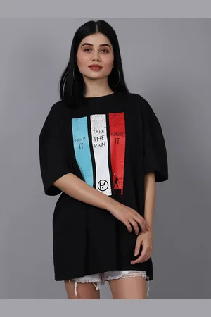 DOOR74 Women Black Typography Loose T-shirt