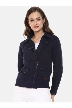 Campus Women Navy Blue Windcheater Tailored Jacket with Zip Detail