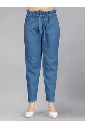 Aarika Girls Blue Solid Frayed Cotton Denim Trousers