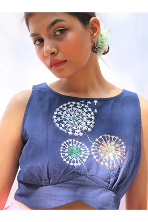 Chidiyaa Women Blue Embroidered Cotton Saree Blouse