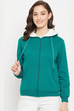 MADAME Women Green Solid Hooded Sweatshirt
