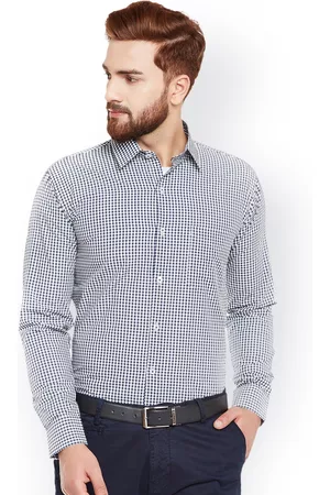 HANCOCK Men Navy Blue & White Slim Fit Checked Formal Shirt