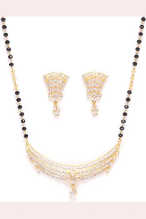 JEWELS GEHNA Black Gold-Plated AD-Studded & Beaded Mangalsutra & Earrings Set