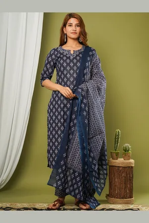 CRAFTED FOR YOU Women Navy Blue Printed Cotton Straight Kurta with Trousers & With Dupatta