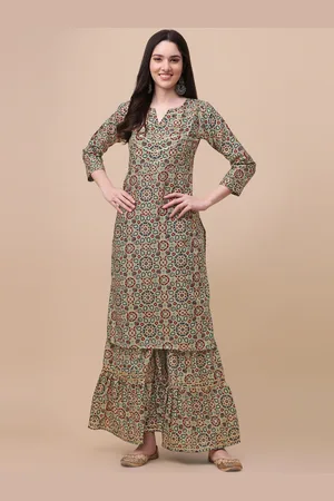 GUFRINA Women Green Floral Printed Kurta with Sharara