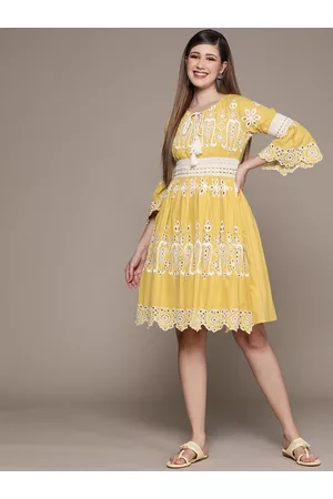 Ishin Women Floral Schiffli Pure Cotton A-Line Dress