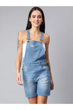 Finsbury Women Blue Solid Cotton Slim-Fit Denim Dungarees