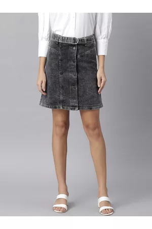 KASSUALLY Women Charcoal Washed Denim Straight Mini Skirt