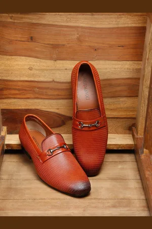MUTAQINOTI Men Tan Brown Textured Patent Leather Formal Loafers