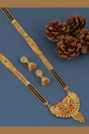 Brandsoon Gold-Plated Black Beaded Mangalsutra With Earrings