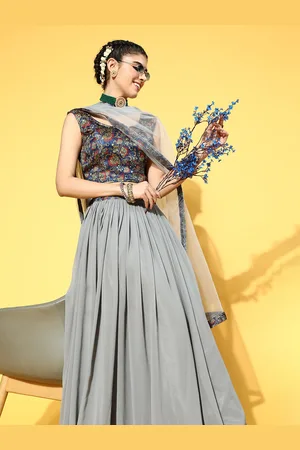 RedRound Women Grey & Navy Blue Semi-Stitched Lehenga & Unstitched Blouse With Dupatta
