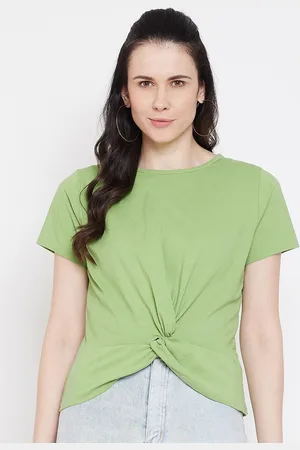 Imfashini Women Green Solid Round Neck Front Twisted Crop T-shirt