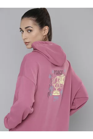 PUMA Women Pink Printed Downtown Oversized Hooded Sweatshirt