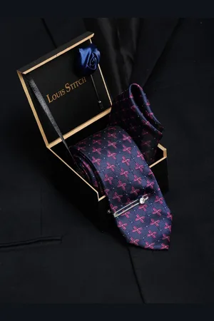 LOUIS STITCH Men Indigo Blue Italian Silk Necktie Accessory Gift Set