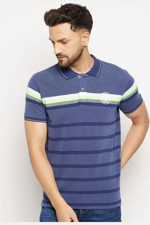 Duke Men Navy Blue & White Striped Polo Collar Slim Fit T-shirt