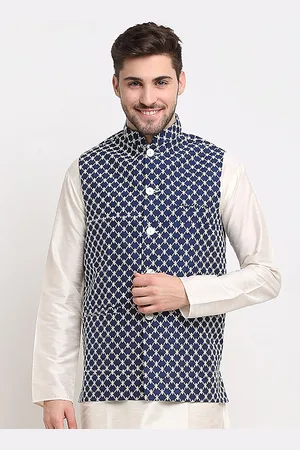 Jompers Men Navy Blue Embroidered Waistcoat