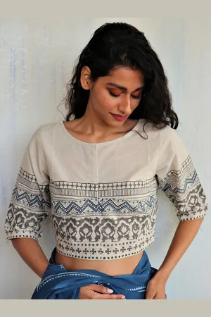 Chidiyaa Women Off White Printed Cotton Saree Blouse