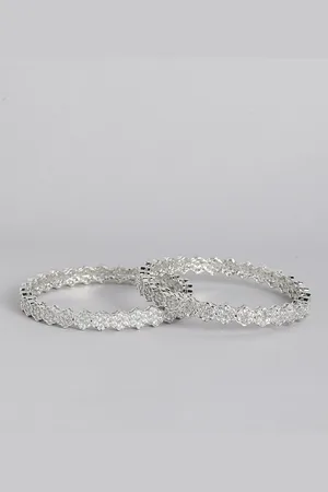 I Jewels Set Of 2 Silver-Plated White American Diamond Studded Bangles