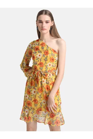 Kazo Yellow Floral One Shoulder Chiffon Dress